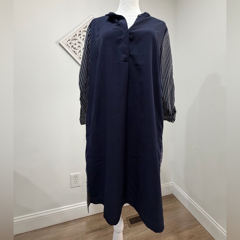 LOFT Size S Dark Blue Dress with Striped Sleeves